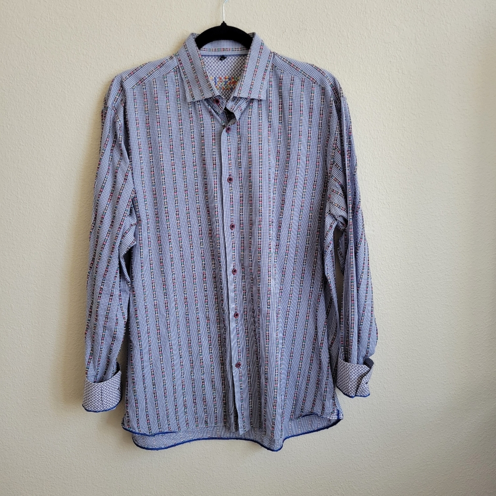 Cuadra Men's Blue & White W Colorful Stripes Button-Up Long Sleeve Shirt Large.